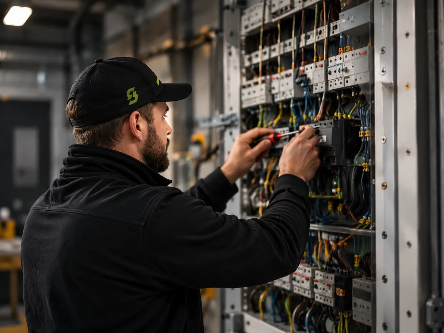 Elektriker kopplar i en elcentral